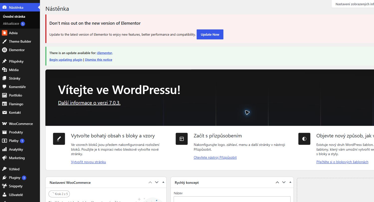 Nástěnka WordPressu a hlavní navigace administrace