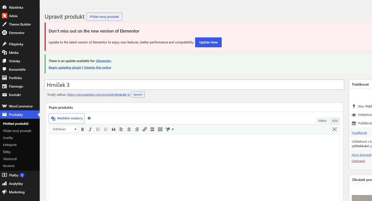 Editor produktu ve WooCommerce s názvem, popisem a nastavením produktu