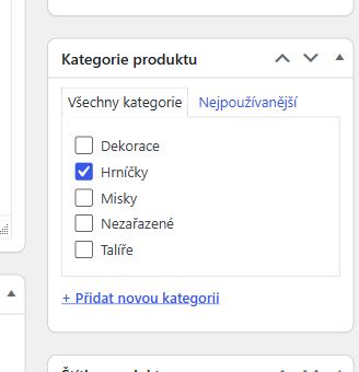 Panel Kategorie produktu se zaškrtnutou kategorií Hrníčky