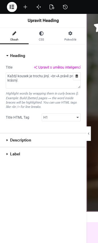 Vybraný widget Nadpis a jeho záložky Obsah, CSS a Pokročilé v Elementoru