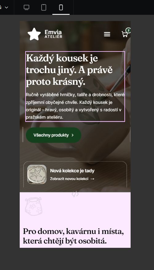 Mobilní náhled stránky v Elementoru se zvolenou ikonou telefonu