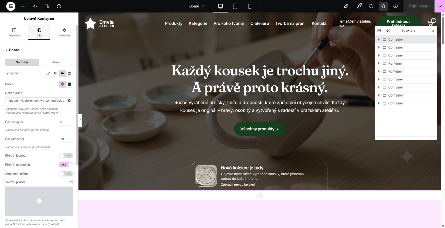Nastavení rozvržení kontejneru v Elementoru