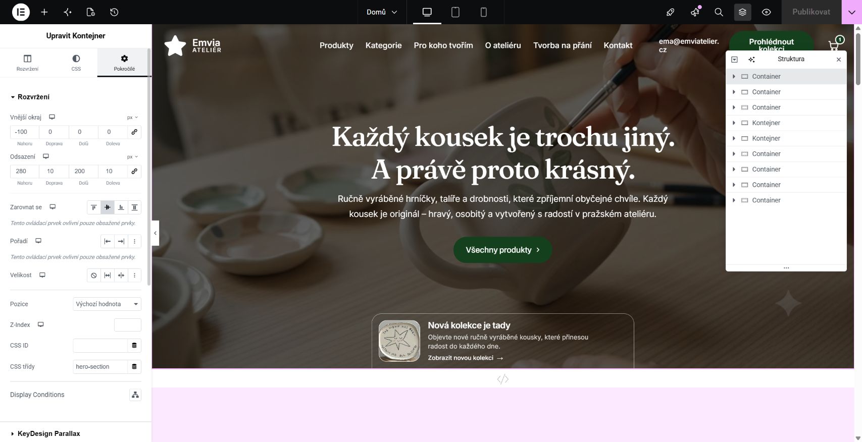 Nastavení vnějšího okraje a odsazení kontejneru v Elementoru
