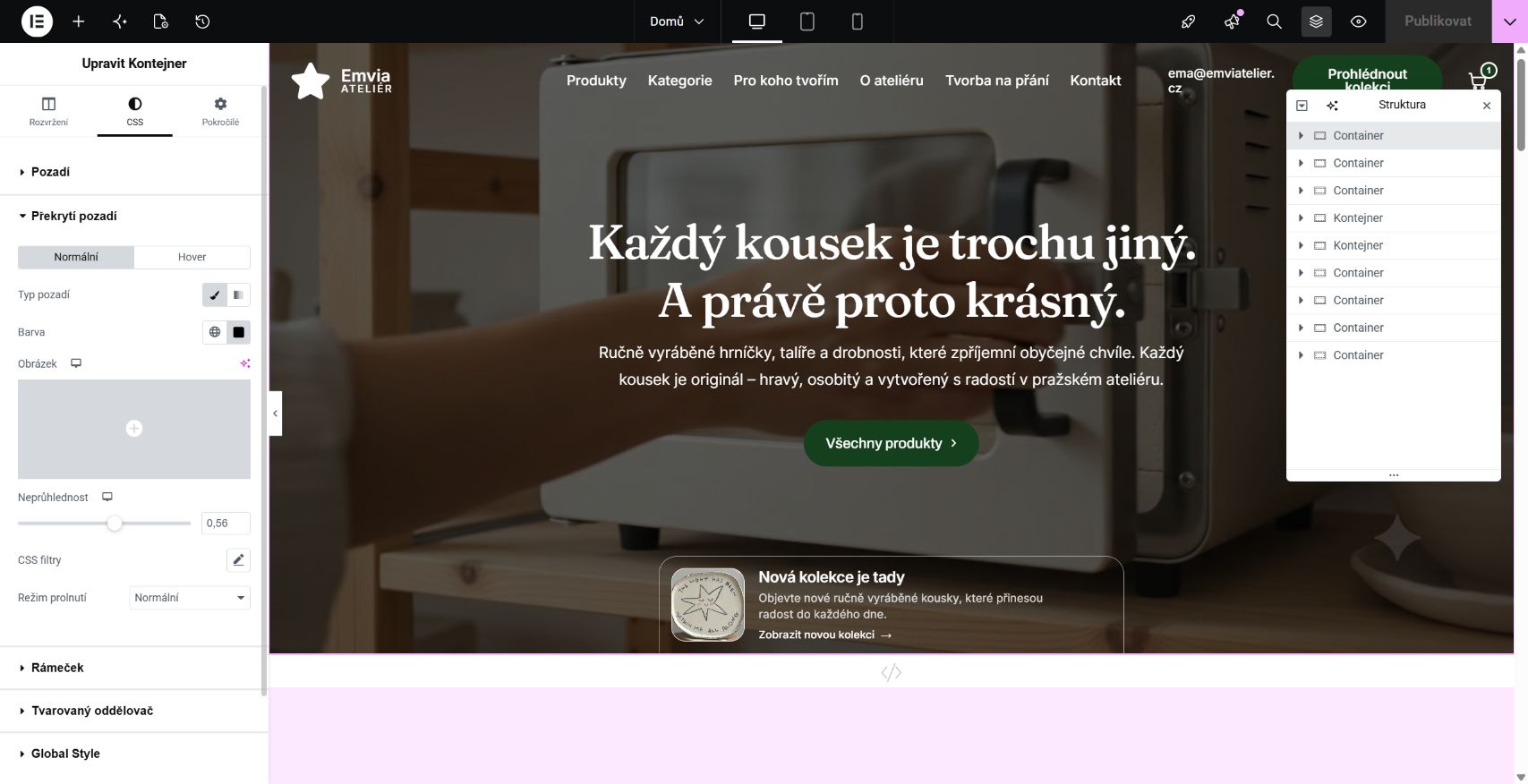 Nastavení překrytí pozadí a neprůhlednosti v Elementoru