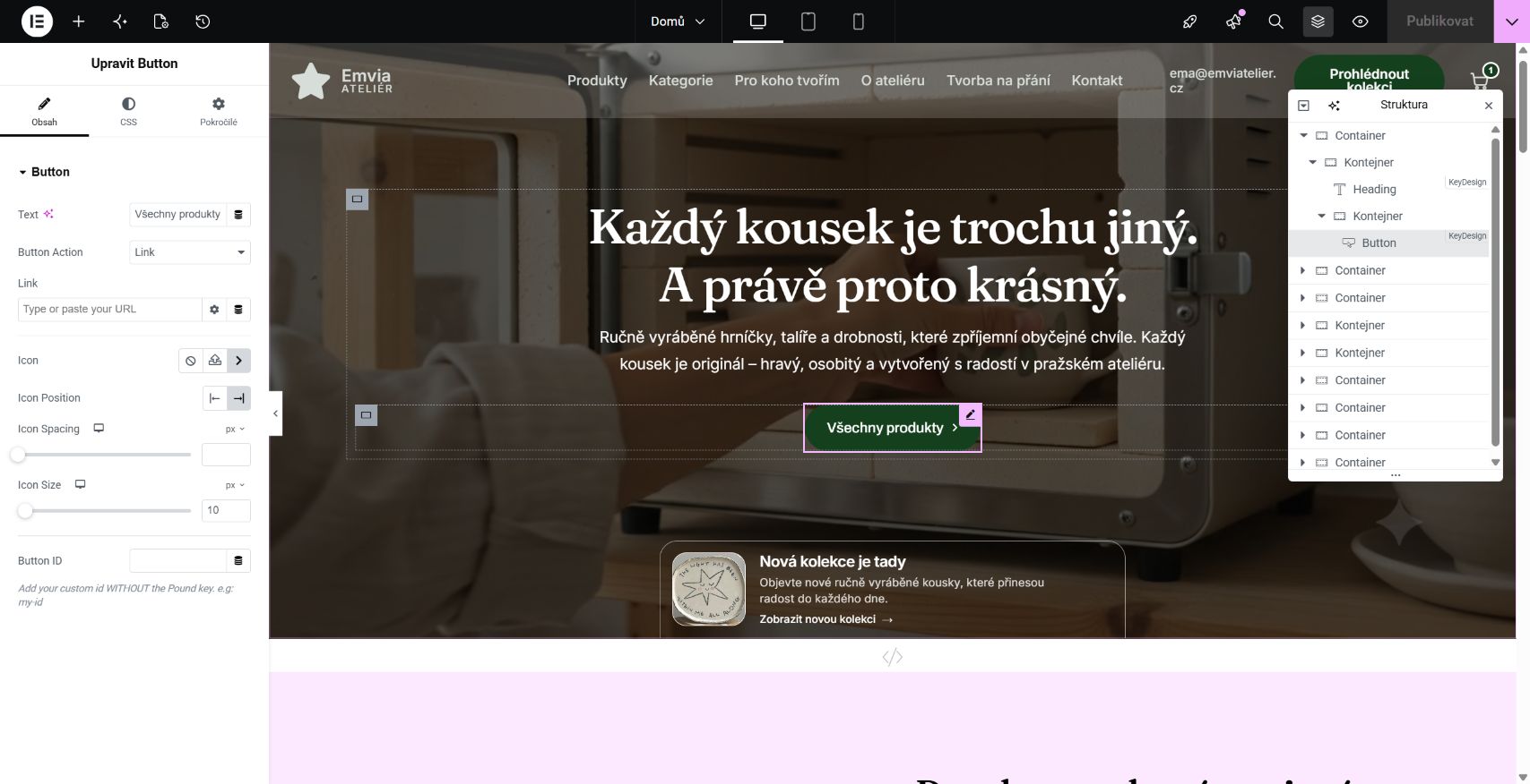 Obsah widgetu tlačítka s textem a polem odkazu v Elementoru