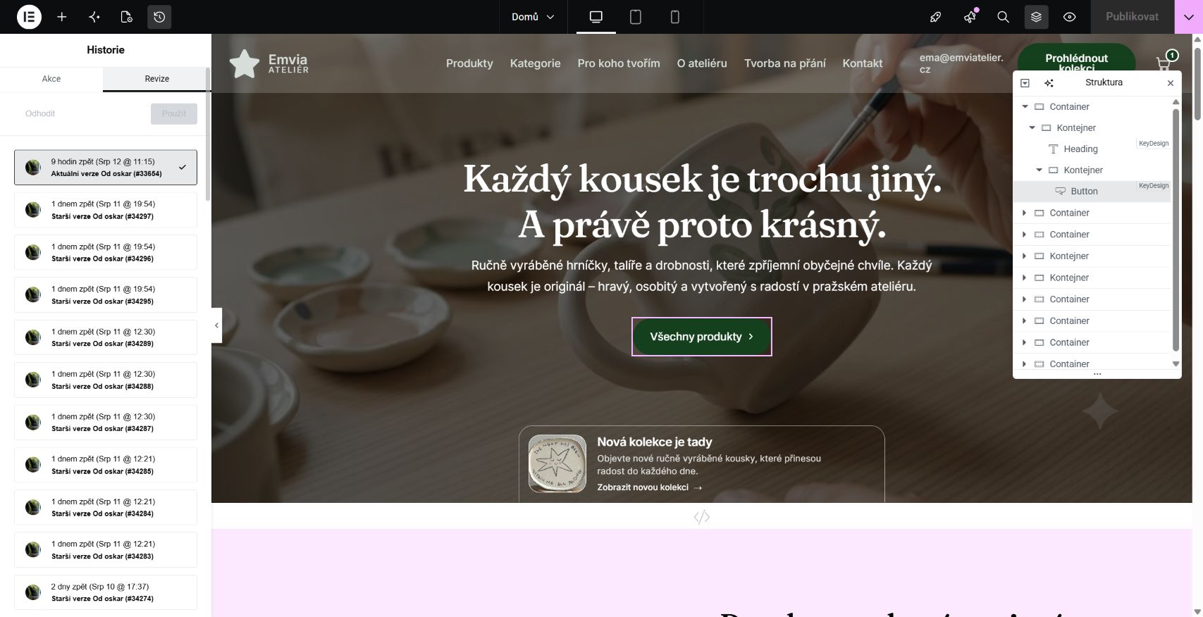 Panel Historie a seznam uložených revizí v Elementoru